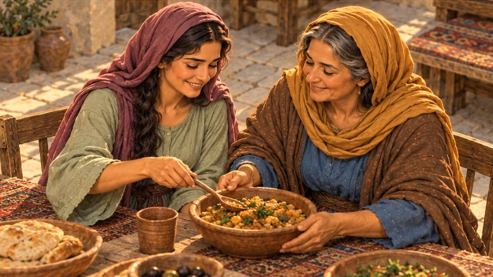 Sarah and Edna share a dish in a contextual image for the fragment about gladness.